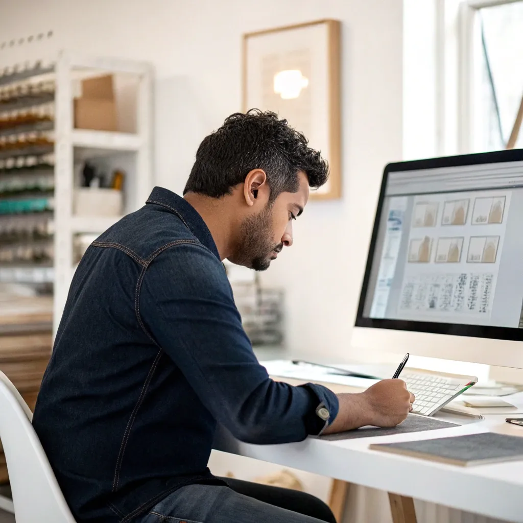 Marcus Patel working on a digital design project.